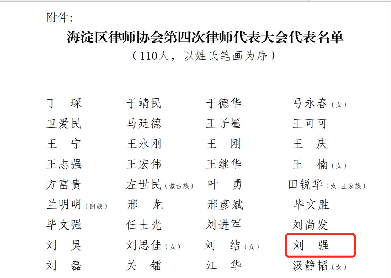 【儒德喜讯】我所主任刘强律师当选海淀区律师协会第四次律师代表大会代表